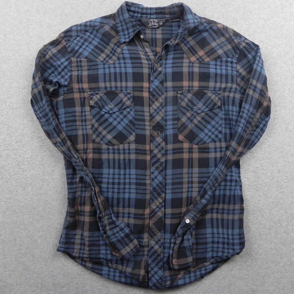 Salt Valley Western Shirt Mens XS Plaid Blue Brown Snap Button Long Sleeve